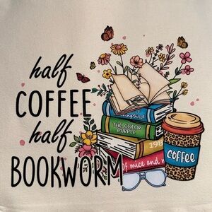 Canvas book tote reusable bookworm coffee addict NEW handmade gift